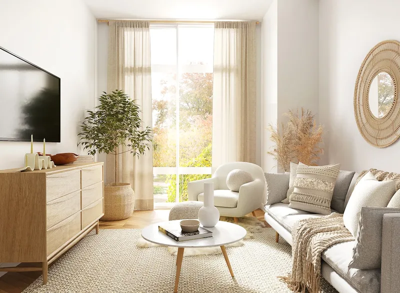 A bright, homely living room with natural light